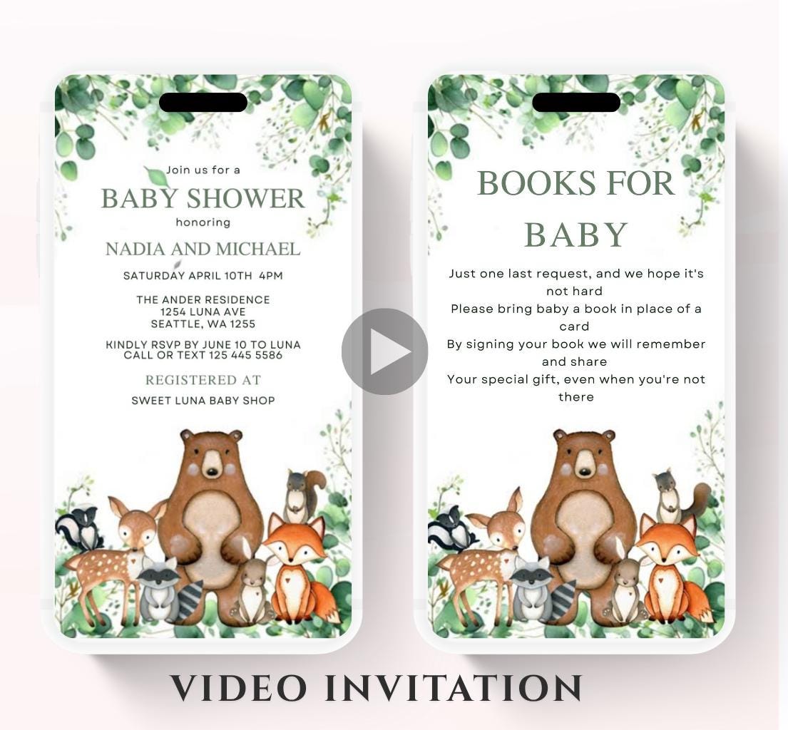 Animated Woodland Baby Shower Invitation, Boy Woodland Baby Shower Invite, Woodland Animals Baby Shower, Greenery Woodland-1