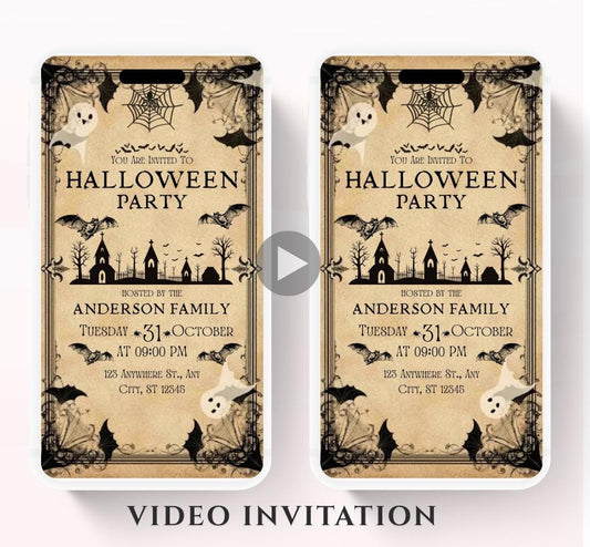 Video Vintage Halloween Invitations Halloween Party Invite Antique Adults Halloween Costume party Invite Editable Digital Download-1