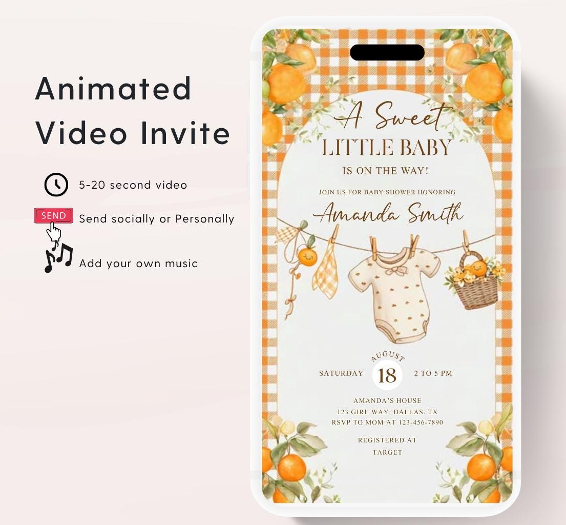 A Little Cutie Baby Shower Invitation, Gender Neutral Baby Shower Invite, Oranges cutie baby shower Video invitation-2