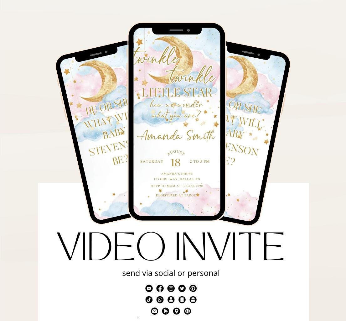 Twinkle Twinkle Little Star Gender Reveal Invitation, Pink and Blue Moon Stars Clouds Invitation, He Or She, Boy Or Girl Video Invite-1