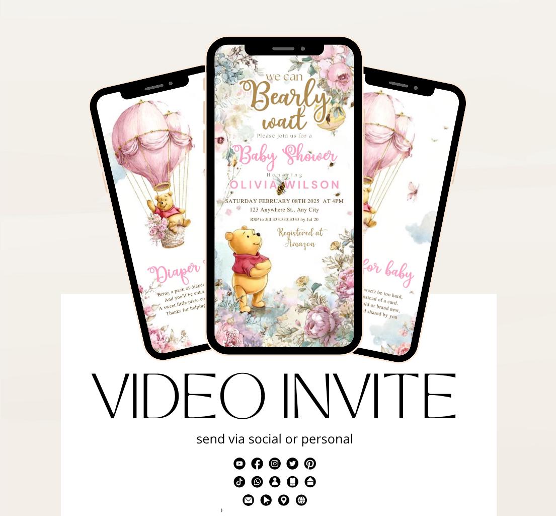 Winnie The Pooh Invitation, Winnie The Pooh Baby Shower Invitations, Winnie The Pooh Invitations Video invitation, Winnie baby shower-11