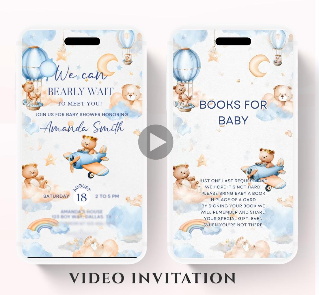 Flying Teddy Bear Baby Shower Invitation We Can Bearly Wait Invite balloon Teddy Bear Template Boy Animated video- 2
