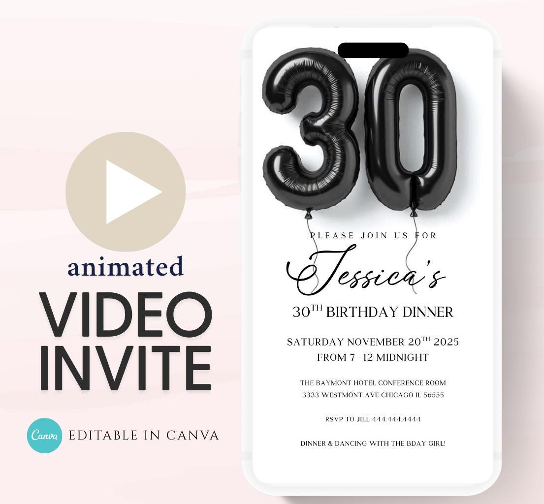 Animated 30th Evite Birthday for Adult Invite, Modern 30th Birthday Invite, Digital Animated Black balloons Digital 30th Birthday-2