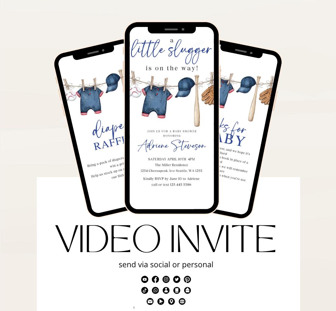 Baseball Baby Shower Invitation, A Little Slugger is on the Way Video invitation, Boy baby shower invitation, sports baseball invite-1
