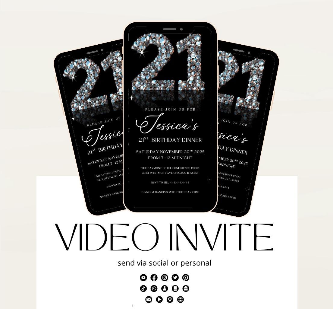 Animated 21st Evite Birthday for Adult Invite, Modern 21st Birthday Invite, Digital Animated Diamond Digital 21st Birthday-1