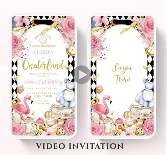 Video Wonderland birthday invitation, Alice in wonderland birthday invitation, Mad hatter first birthday, Wonderland first birthday invite-2