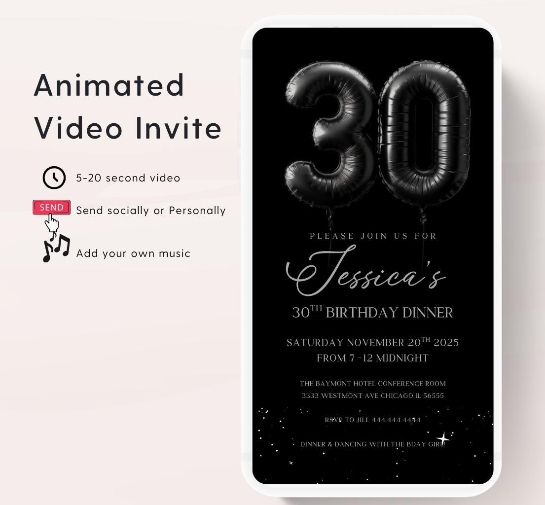 Animated 30th Evite Birthday for Adult Invite, Modern 30th Birthday Invite, Digital Animated Black balloons Digital 30th Birthday-3