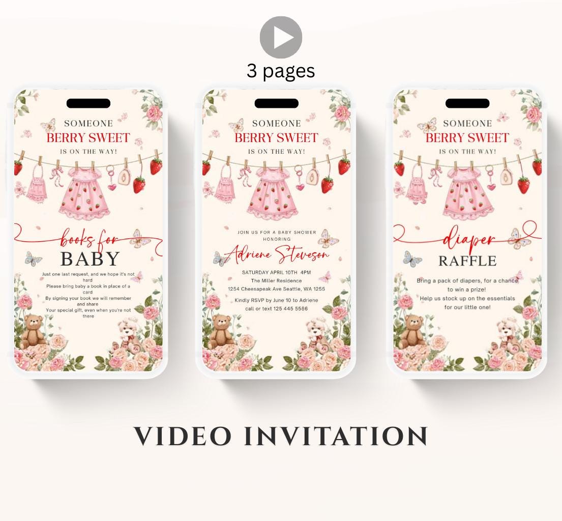 Animated Berry Baby Shower Invitation , Berry Sweet Invite Baby Shower Strawberries berries Minimal Girl Baby Shower Blush Pink Strawberry-3