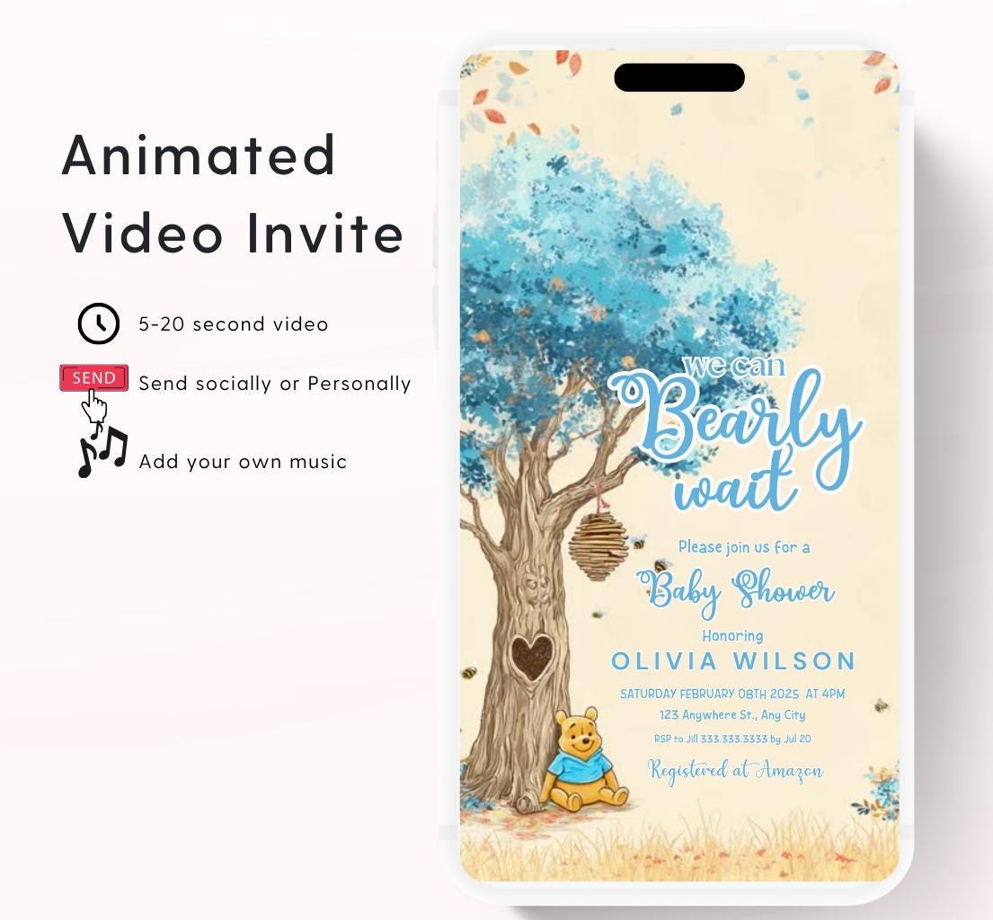 Blue Winnie shower Invitation, Winnie The Pooh Baby Shower Invitations, Winnie The Pooh Invitations Video invitation, Winnie baby shower-23