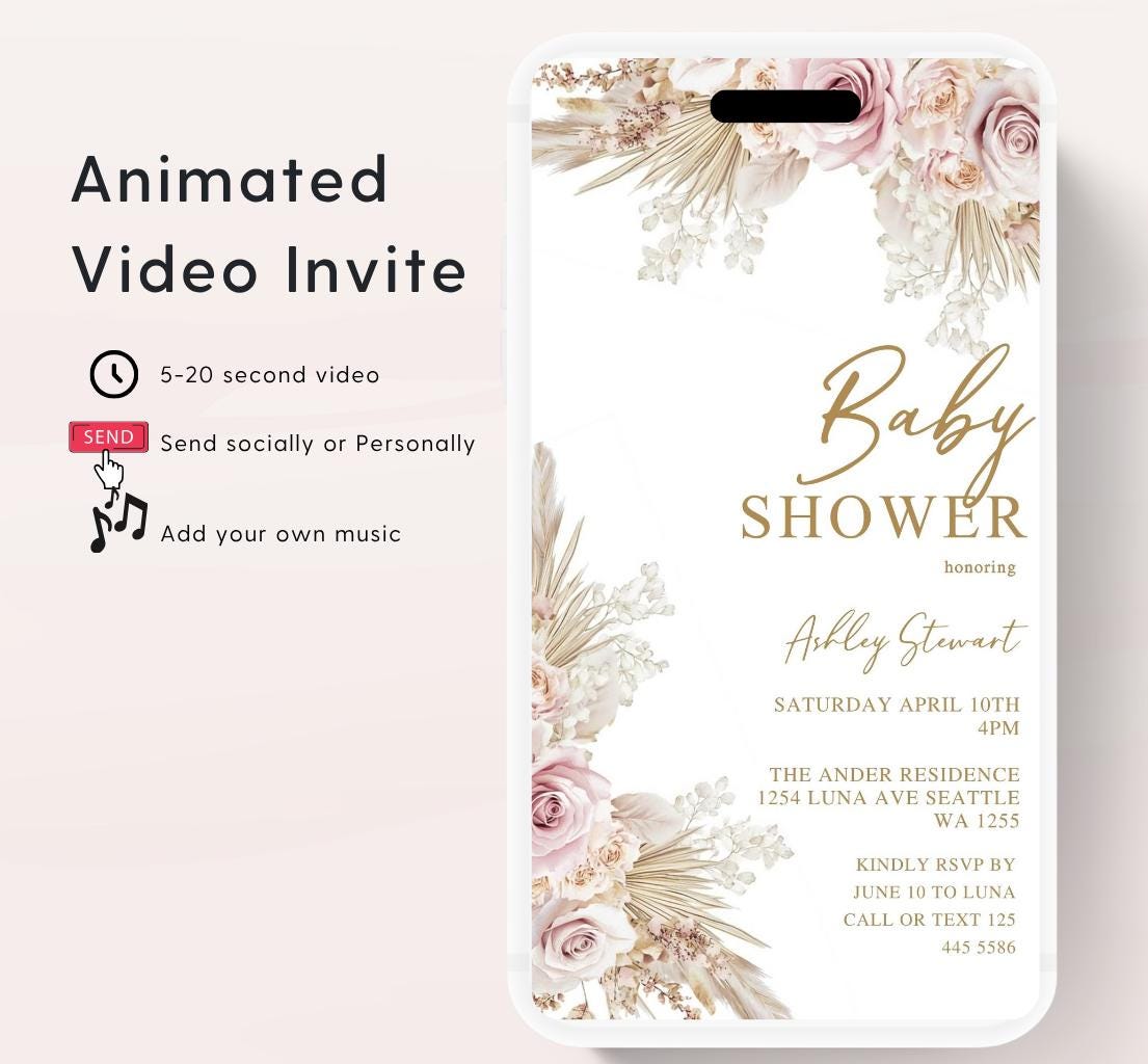 Boho Baby Shower Invitation, Boho Floral Baby Shower, Baby Girl Baby Shower Invite, pampas Invitation, Boho Baby Invitation Animated-1