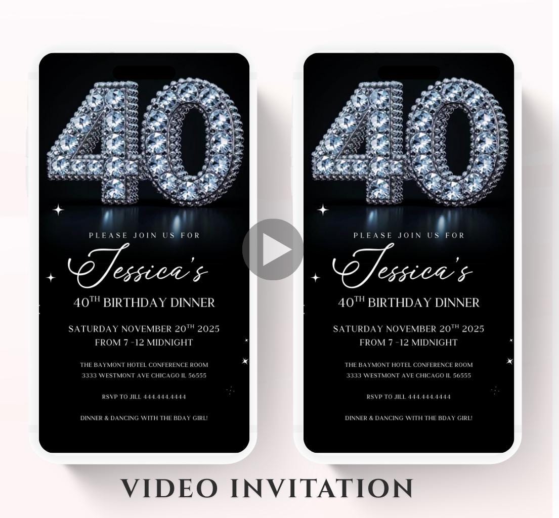 Animated 40th Evite Birthday for Adult Invite, Modern 40th Birthday Invite, Digital Animated Diamond Digital 40th Birthday-1