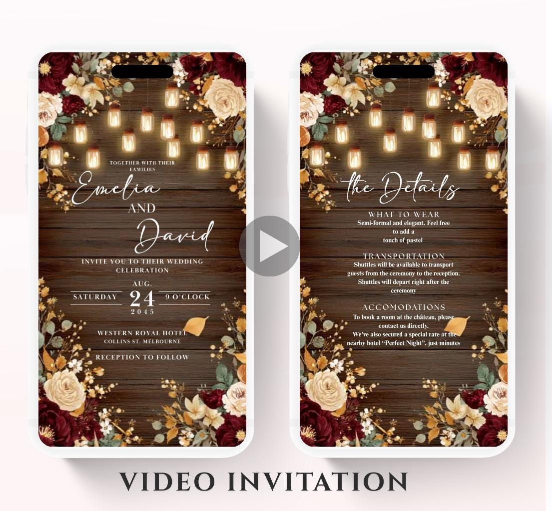 Rustic burgundy floral Wedding invitation, Wedding invitation, wedding invitation template, Video Wedding invite, wedding invite-15