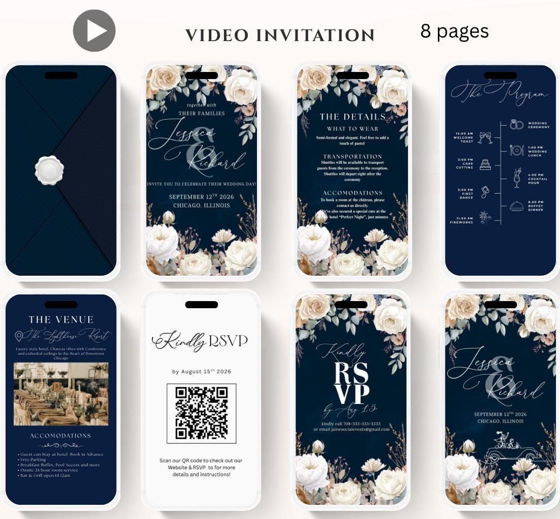 Navy blue and white florals Wedding invitation, Wedding invitation, wedding invitation template, Video Wedding invite, wedding invite-13