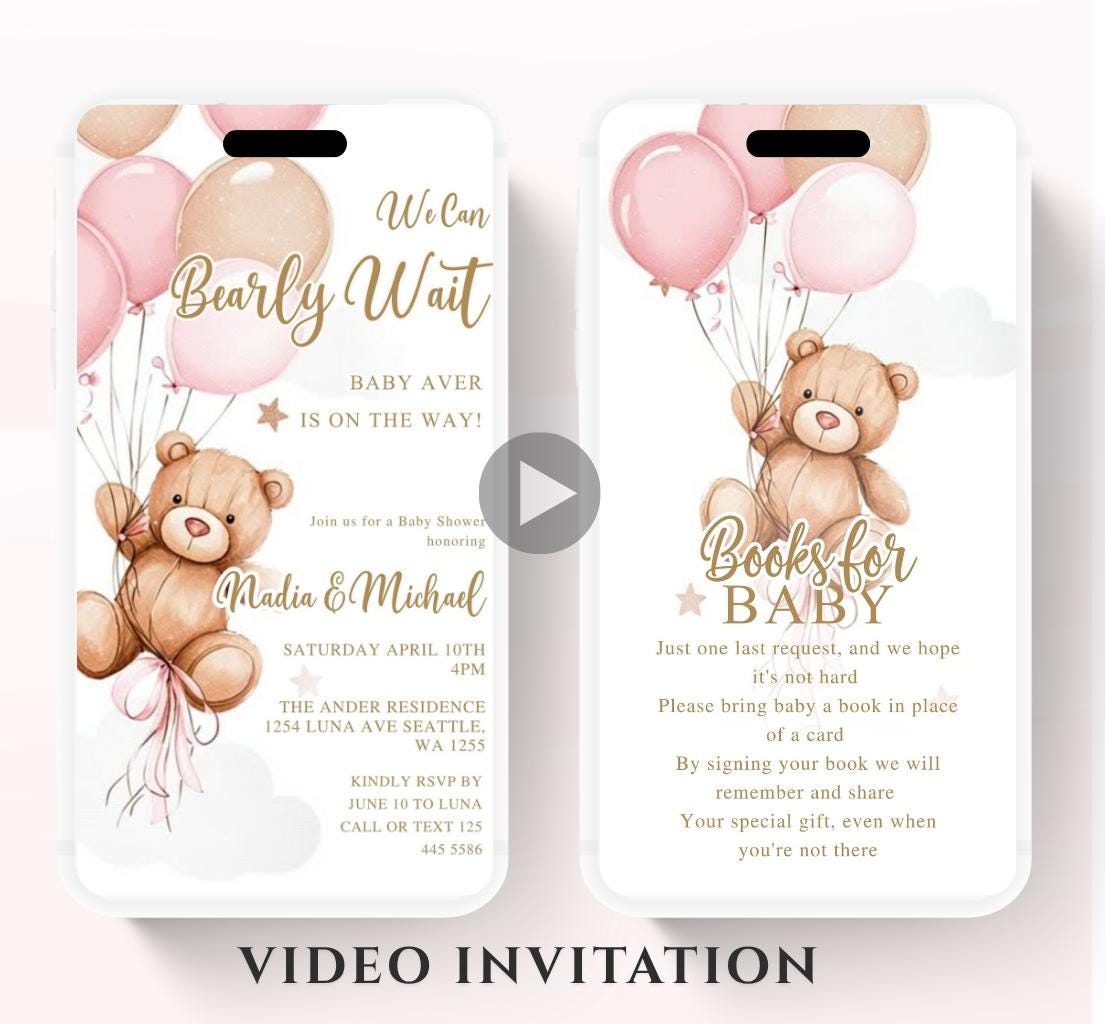 Teddy Bear Baby Shower Invitation We Can Bearly Wait Invite balloon Teddy Bear Template girl Animated video- 3