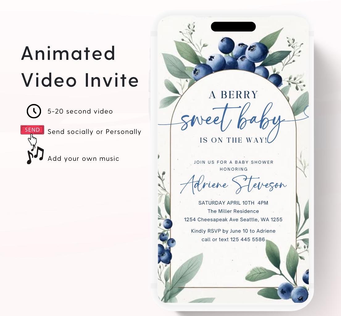 Blueberry Baby Shower Invitation, A Sweet Berry Baby Shower Invite, Video blueberry baby shower invitation, animated berry sweet invite-1