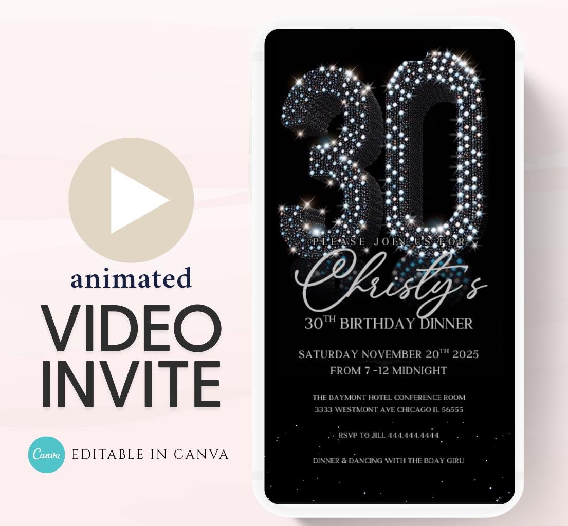Animated 30th Evite Birthday for Adult Invite, Modern 30th Birthday Invite, Digital Animated Diamond Digital 30th Birthday-4