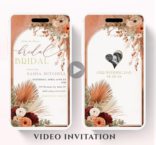 Video Bridal Shower Invitation Template, Pampas & Floral, Bridal shower fall, Boho, Arch, Palm Leaf, Rust, Burnt Orange, Terracotta-1
