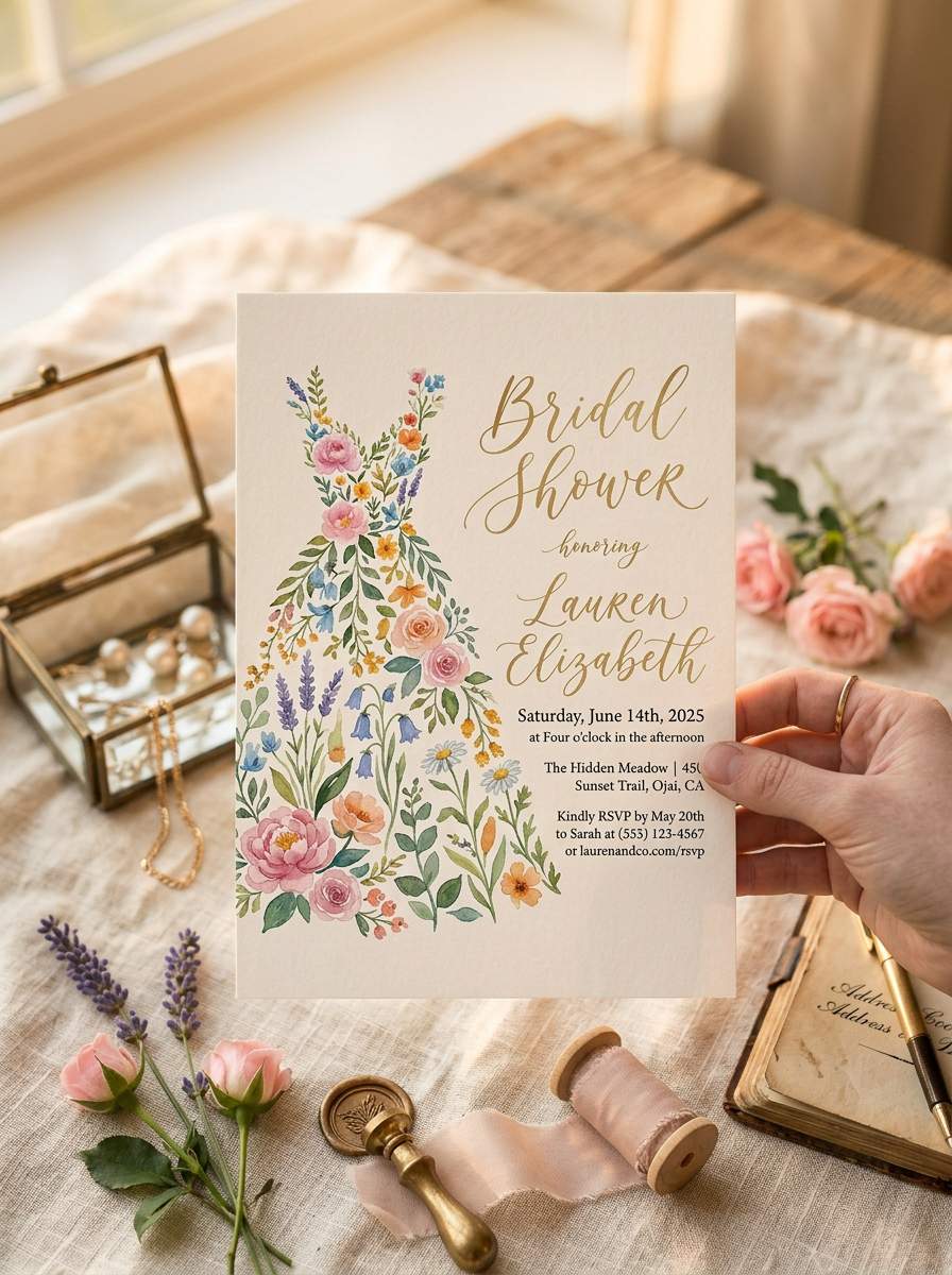 Wildflower Bridal shower invitation, Boho Floral Dress Invitation-4