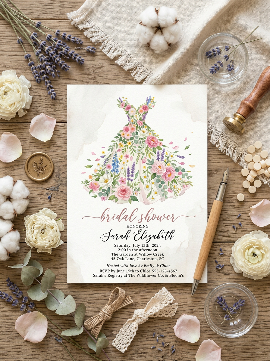 Wildflower Bridal shower invitation, Boho Floral Dress Invitation-5