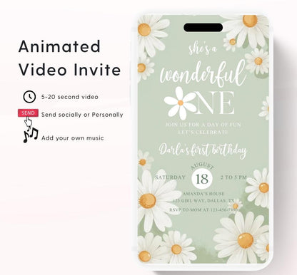 Daisy Birthday Invitation, Daisy 1st Birthday Invite, 1st Birthday Girl, Boho Daisy Invitation, Green Daisies video invite-1
