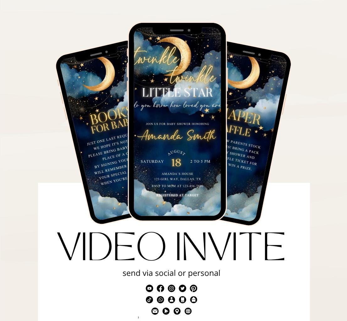 Twinkle little star baby shower invitation, Blue Twinkle Twinkle Little Star Baby Shower Invitation, Moon and Stars Baby Shower, Video-2