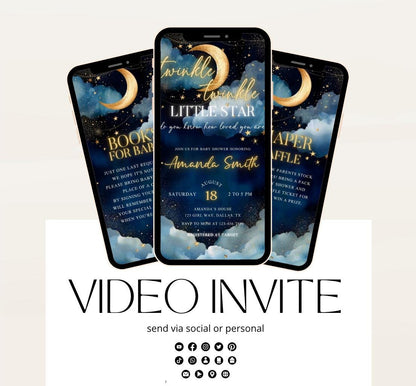 Twinkle little star baby shower invitation, Blue Twinkle Twinkle Little Star Baby Shower Invitation, Moon and Stars Baby Shower, Video-2