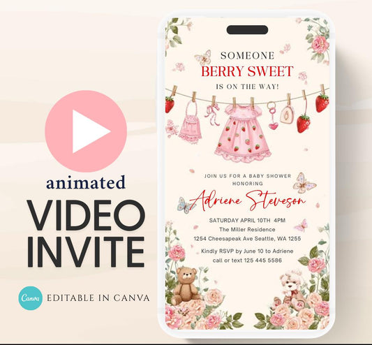 Animated Berry Baby Shower Invitation , Berry Sweet Invite Baby Shower Strawberries berries Minimal Girl Baby Shower Blush Pink Strawberry-3