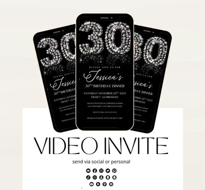 Animated 30th Evite Birthday for Adult Invite, Modern 30th Birthday Invite, Digital Animated Diamond Digital 30th Birthday-1