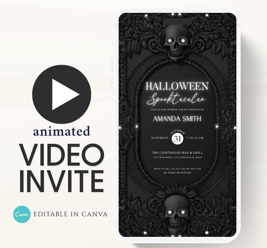 Dark skull Halloween party invitation, Halloween spooktacular Adults Halloween Costume party Invite Video Digital  party invitation-11