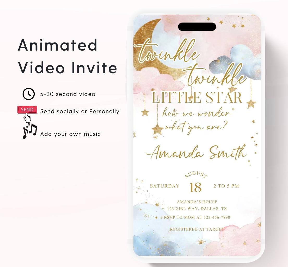 Twinkle Twinkle Little Star Gender Reveal Invitation, Pink and Blue Moon Stars Clouds Invitation, He Or She, Boy Or Girl Video Invite-2