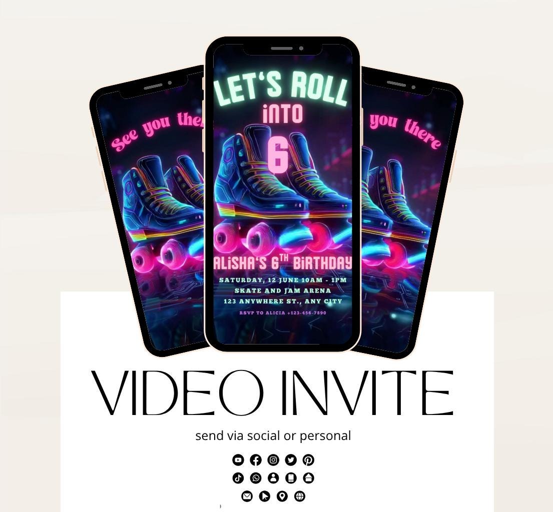 Roller Skating Birthday Invitation, Skate Party Birthday Invite, Roller Skating, Retro Neon Lights, Rollerblade Skate Rink Editable Video-2