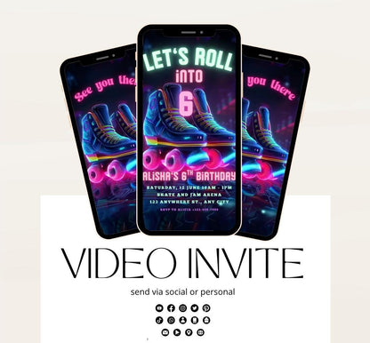 Roller Skating Birthday Invitation, Skate Party Birthday Invite, Roller Skating, Retro Neon Lights, Rollerblade Skate Rink Editable Video-2