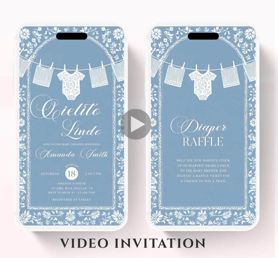 Video Cielito Lindo Baby Shower Invitation, Mexican Baby shower Editable Talavera Theme Papel Picado Invite. Dusty Blue template-1