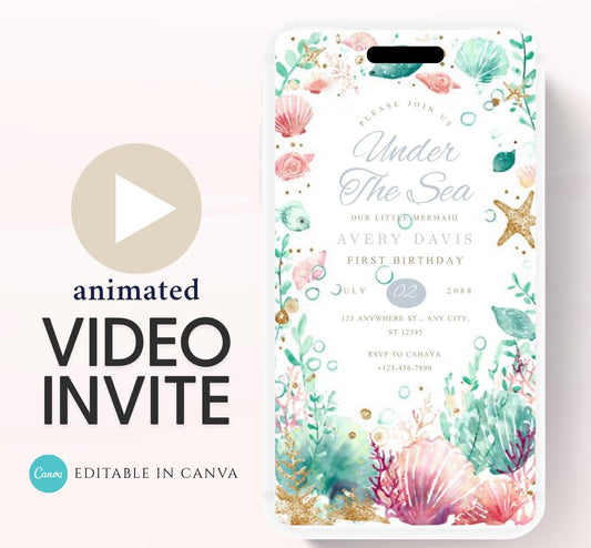 Animated Under The Sea Birthday Invitation, Editable Ocean Animals Party Invite, Magical Sea Life Invitation Sea Beach birthday invite-1