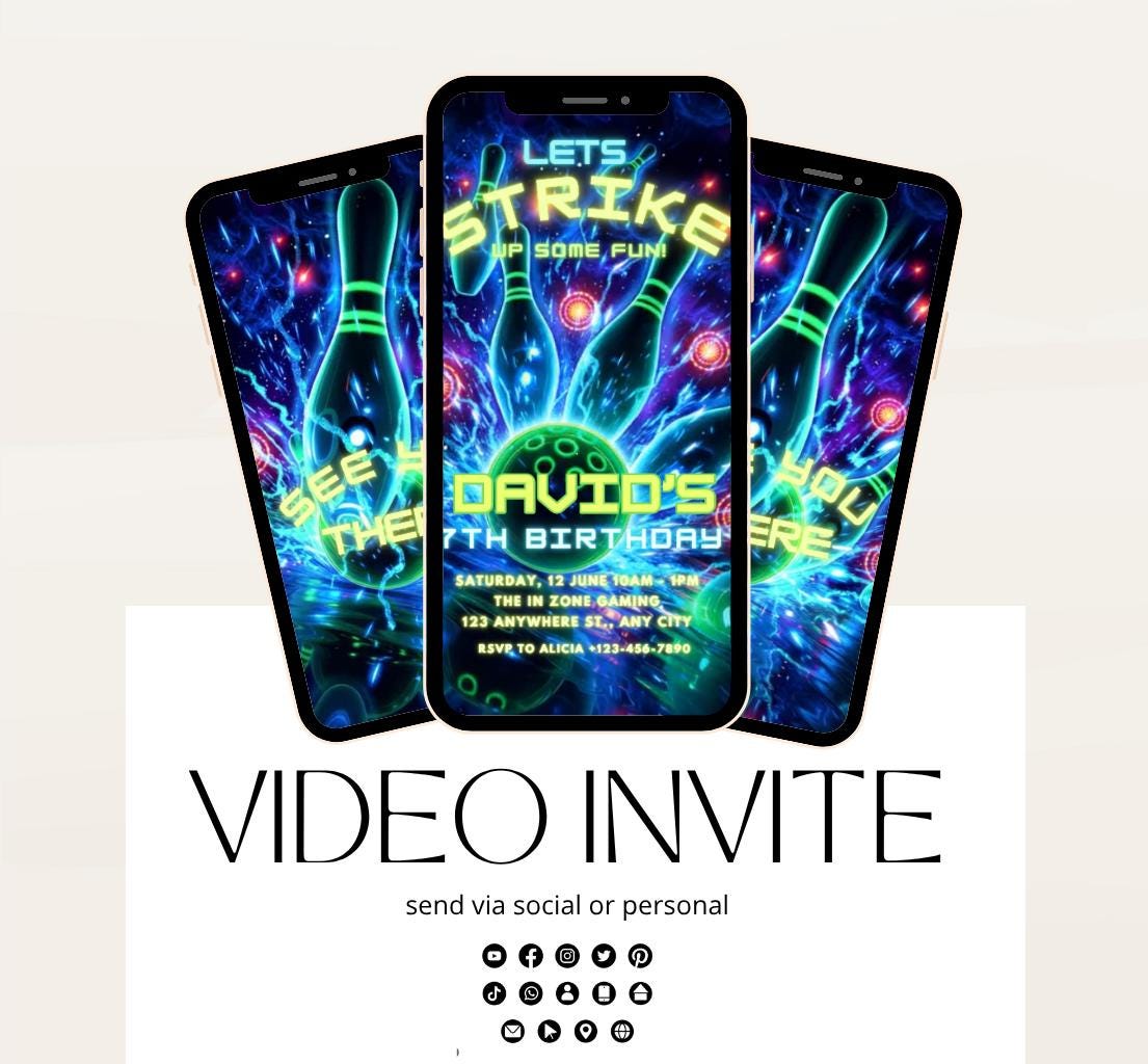 Video Bowling Birthday Invitation, Glow Bowling Invitation, Neon Bowling Party, Boy Bowling Invite, Glow Invite, Strike Up Some Fun-2