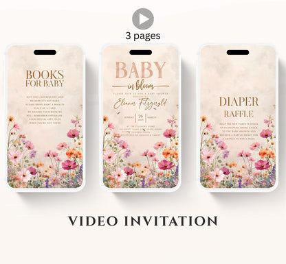 Boho Baby Shower Invitation, Boho Floral Baby Shower, Baby in bloom Baby Shower Invite, pampas Invitation, Boho Baby Invitation Animated-5