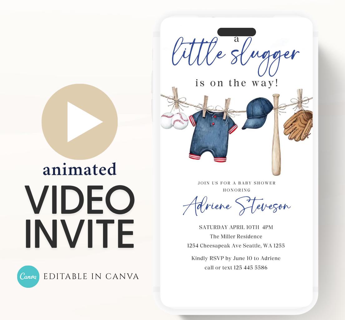 Baseball Baby Shower Invitation,  A Little Slugger is on the Way Video invitation, Boy baby shower invitation, sports baseball invite-1