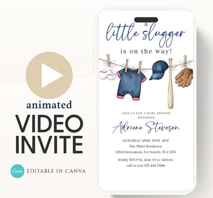 Baseball Baby Shower Invitation,  A Little Slugger is on the Way Video invitation, Boy baby shower invitation, sports baseball invite-1