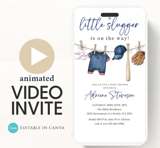 Baseball Baby Shower Invitation,  A Little Slugger is on the Way Video invitation, Boy baby shower invitation, sports baseball invite-1