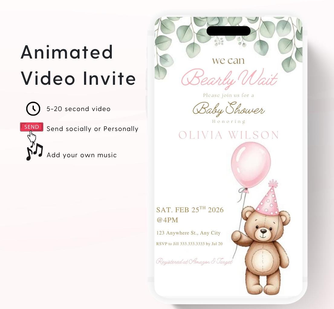Teddy Bear Baby Shower Invitation We Can Bearly Wait Invite balloon Teddy Bear Template girl Animated balloon teddy bear video- 5