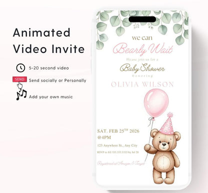 Teddy Bear Baby Shower Invitation We Can Bearly Wait Invite balloon Teddy Bear Template girl Animated balloon teddy bear video- 5