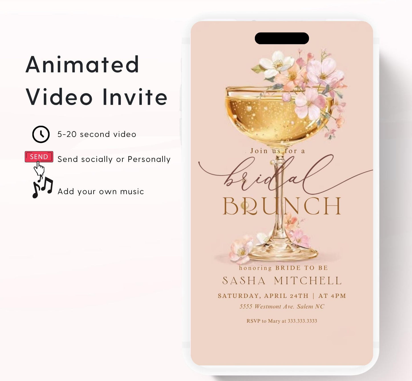 Brunch and Bubbly Bridal Shower Invitation Video, Champagne Shower Invite, Blush Bridal Shower Invitation, Brunch Invite-3