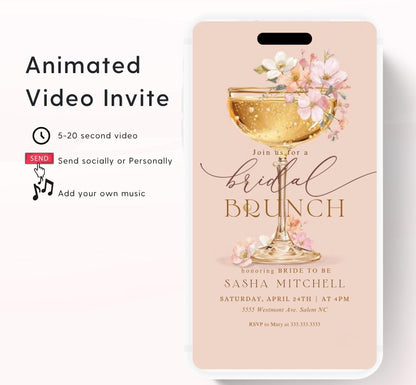 Brunch and Bubbly Bridal Shower Invitation Video, Champagne Shower Invite, Blush Bridal Shower Invitation, Brunch Invite-3