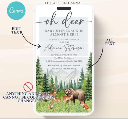 Animated Woodland Baby Shower Invitation, Boy Deer Baby Shower Invite, Woodland Animals Baby Shower, Greenery Boho invitation Woodland-5