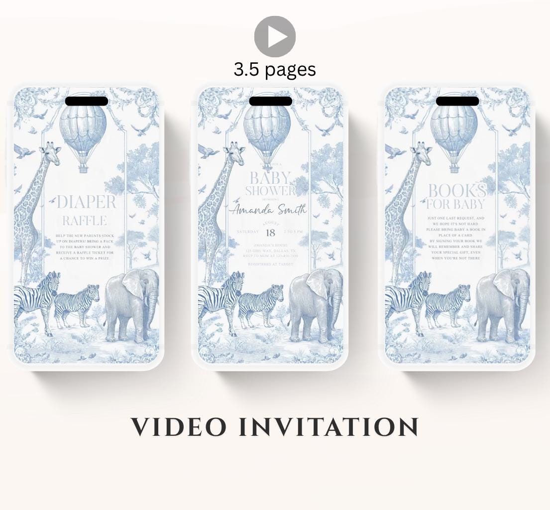 Toile de jouy Safari Baby Shower Invitation, Safari Animal Baby Boy Shower Digital Video Toile de Jouy Baby Shower Invite Safari-1