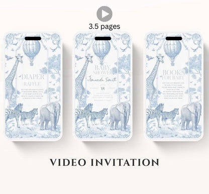 Toile de jouy Safari Baby Shower Invitation, Safari Animal Baby Boy Shower Digital Video Toile de Jouy Baby Shower Invite Safari-1