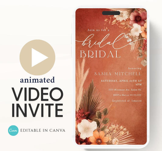 Video Bridal Shower Invitation Template, Pampas & Floral, Bridal shower fall, Boho, Arch, Palm Leaf, Rust, Burnt Orange, Terracotta-3