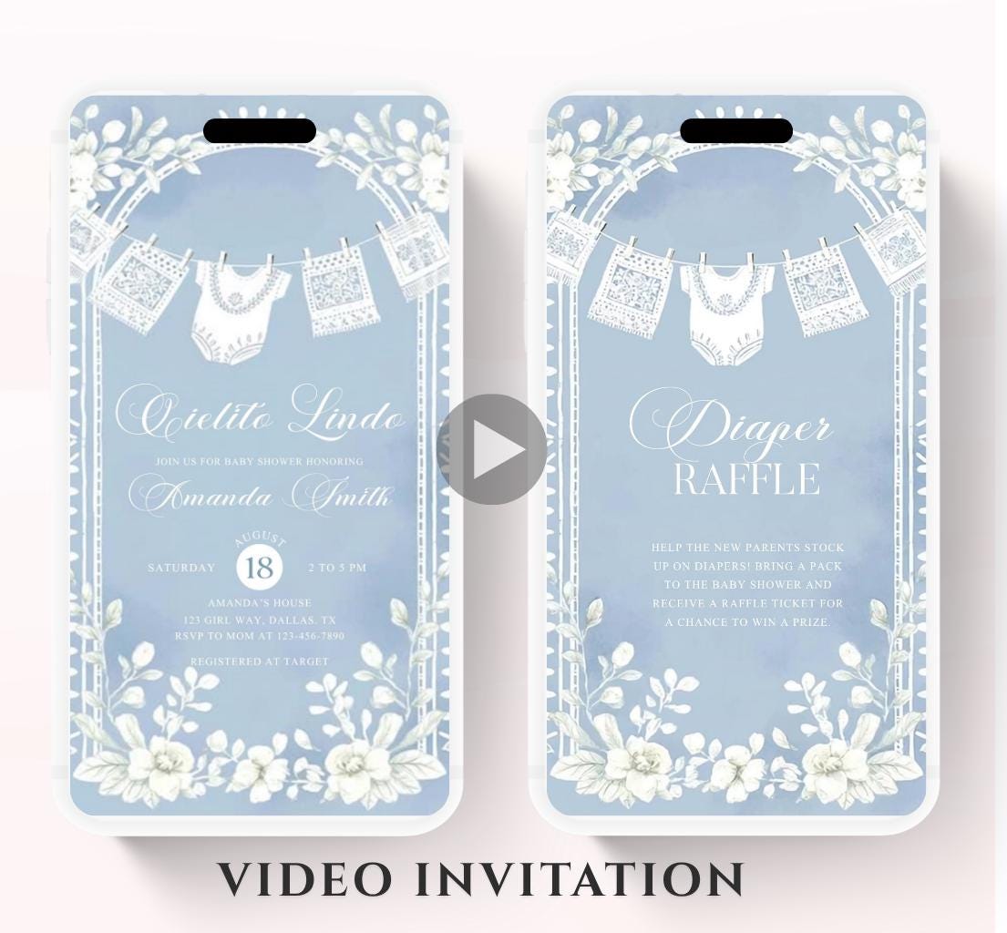 Video Cielito Lindo Baby Shower Invitation, Mexican Baby shower Editable Talavera Theme Papel Picado Invite. Dusty Blue template-2