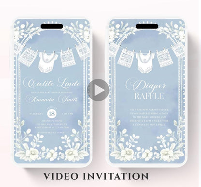 Video Cielito Lindo Baby Shower Invitation, Mexican Baby shower Editable Talavera Theme Papel Picado Invite. Dusty Blue template-2