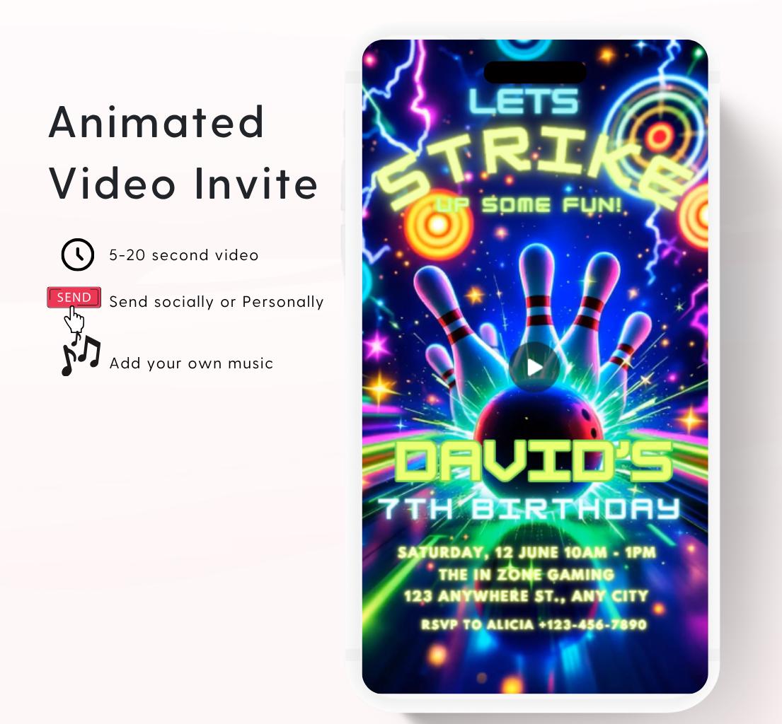 Video Bowling Birthday Invitation, Glow Bowling Invitation, Neon Bowling Party, Boy Bowling Invite, Glow Invite, Strike Up Some Fun-1